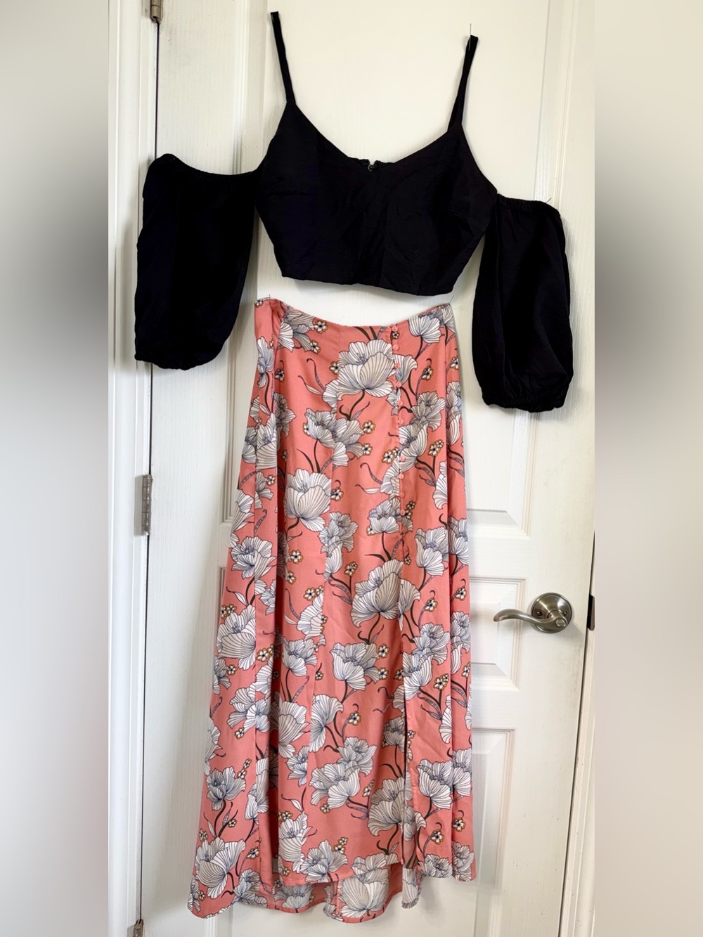 Lush Two Piece Set: Off-Shoulder Puff Sleeve Top with Floral Maxi Skirt